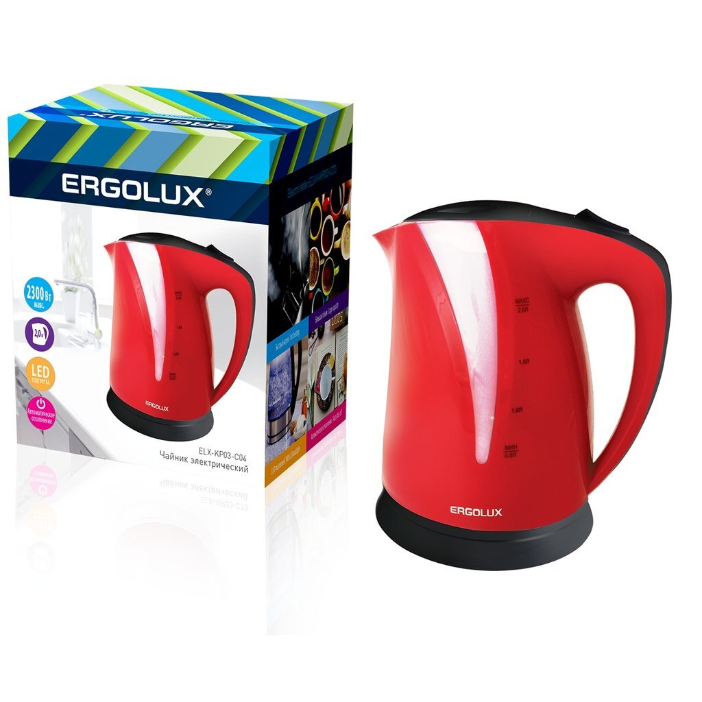 Чайник пластиковый, 2.0л, 1500-2300Вт, красно-черный, Ergolux ELX-KP03-C04