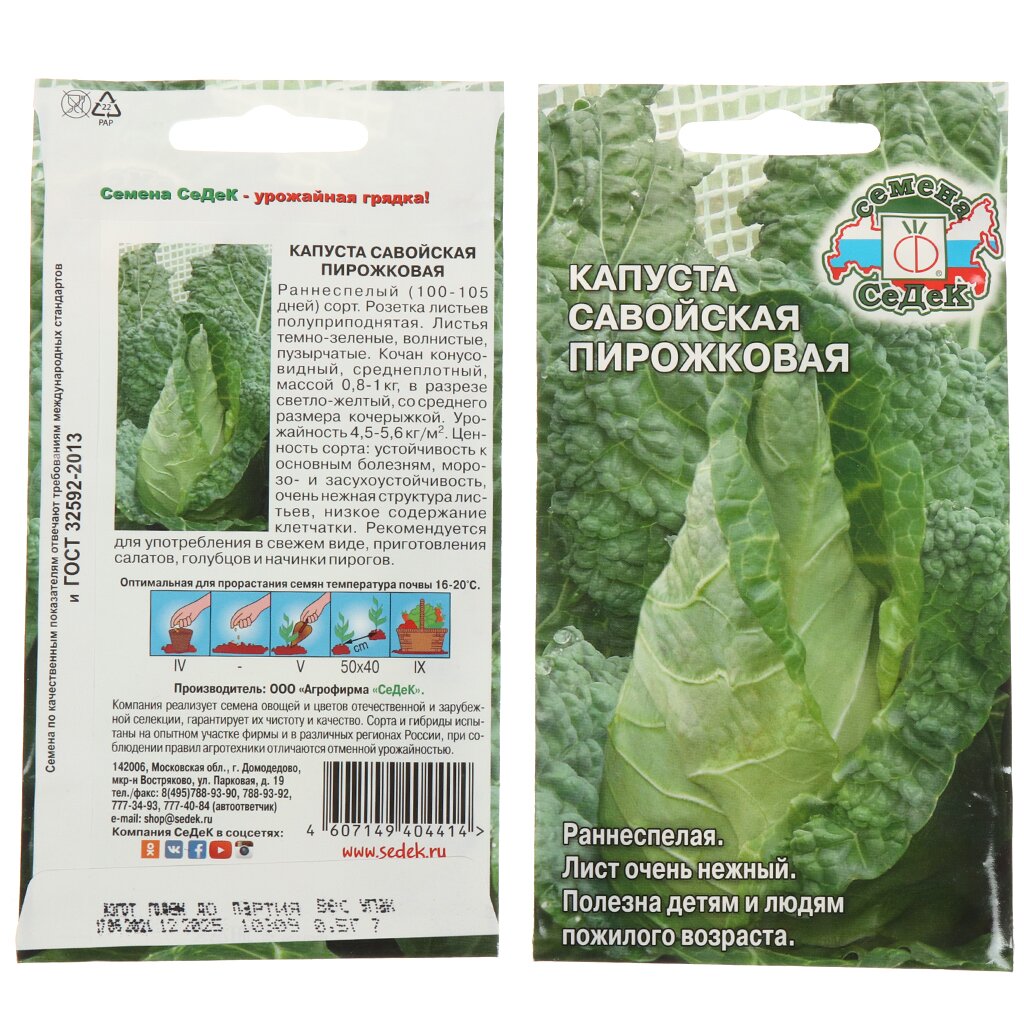Семена Капуста савойская, Пирожковая Евро, 0.5 г, 10309, цветная упаковка, Седек капуста савойская мелисса f1