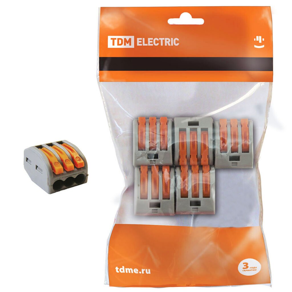Клемма СК-413, соединительная, пластик, 5 шт, 2.5 мм², TDM Electric, SQ0527-0012 клемма ск 413 2 соединительная проходная оранжевая 2 5 мм² tdm electric sq0527 0042