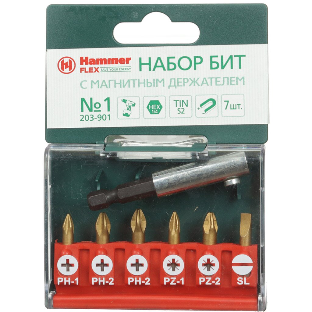 Набор бит по металлу, дереву, пластику, Hammer, TIN 203-901 PB, PH1, 25 мм, 7 шт