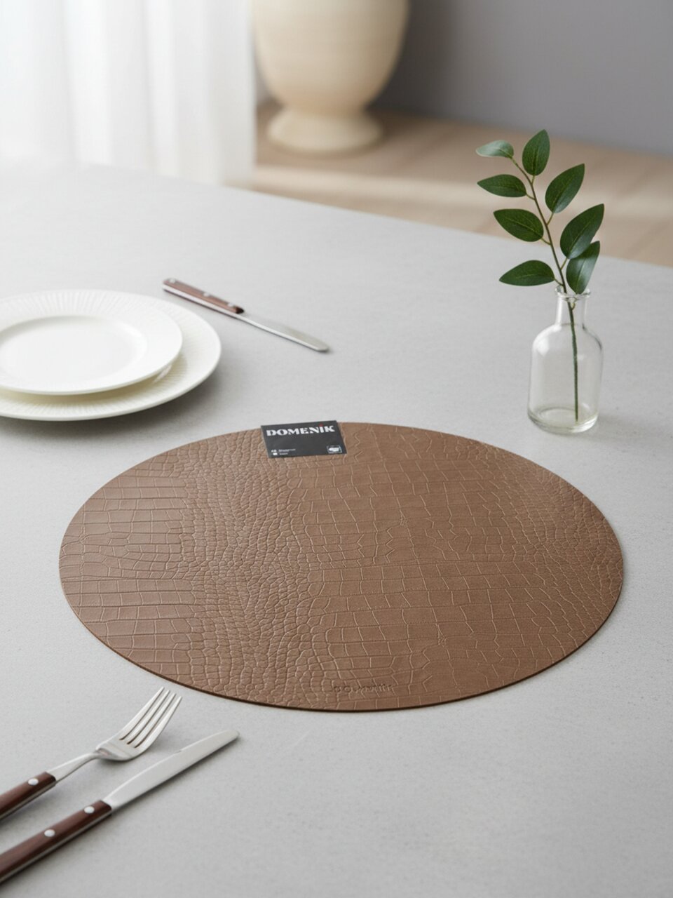 Салфетка декоративная ПВХ, пробковое дерево, 38х38 см, круглая, коричневая, Domenik, Croco, DMP14