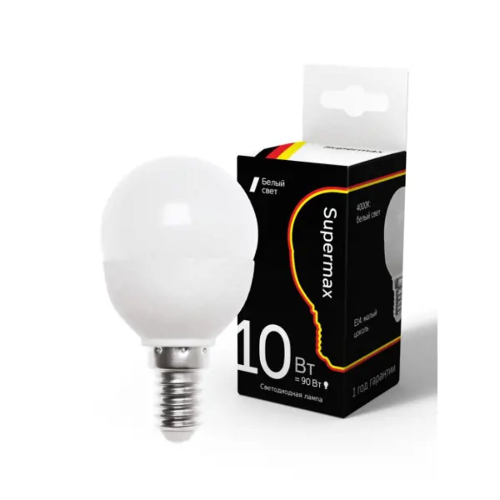 Лампа светодиодная E14, 10 Вт, 90 Вт, шар, 4000 К, свет нейтральный белый, Supermax