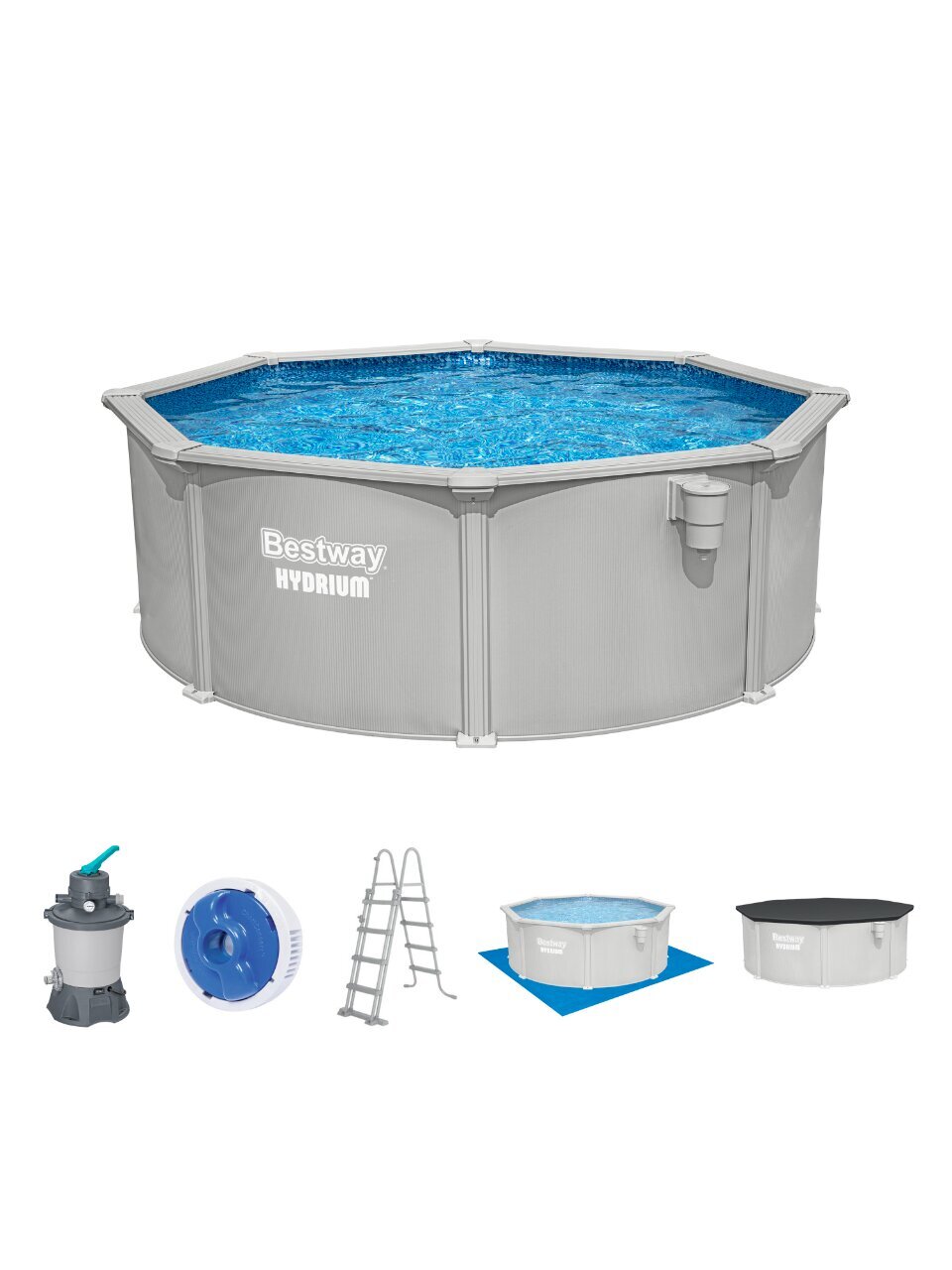 Бассейн каркасный Bestway, 360х120 см, Hydrium, 56574, фильтр-насос, лестница, подстилка, тент, 10990 л, поплавок-дозатор