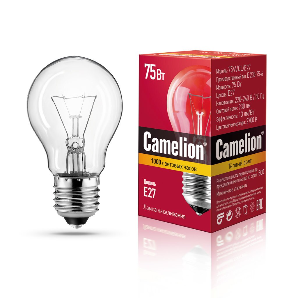 Лампа накаливания с прозрачной колбой, ЛОН, Б230-75-6 Camelion 75/A/CL/E27