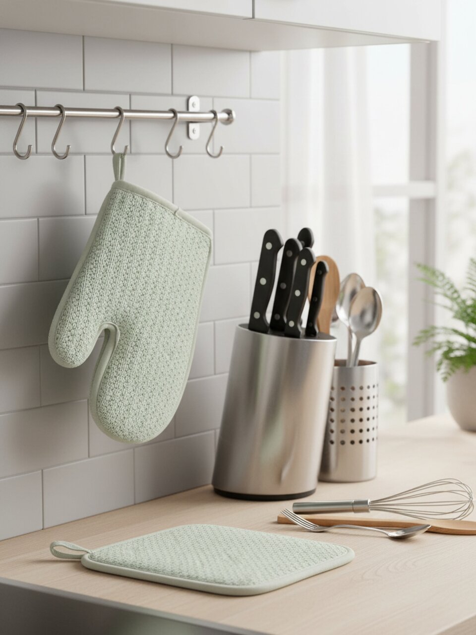 Набор кухонный 2 шт, 29х22 см +19х19 см (варежка,прихватка), полиэстер, светло-зеленый, B180060