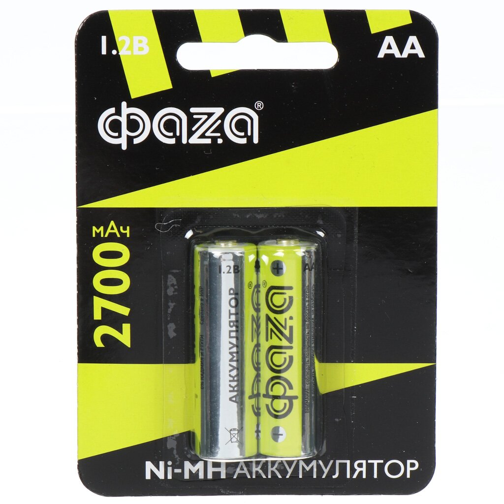 Батарея аккумуляторная 2700 мА·ч, Ni-Mh, 1.2 В, АА (LR06, LR6), 2 шт, в блистере, ФАZА, 5003002 20шт 1 2v 3000mah ni mh aa предварительно заряженные аккумуляторные батареи ni mh аккумуляторная батарея aa для игрушек камера микрофон