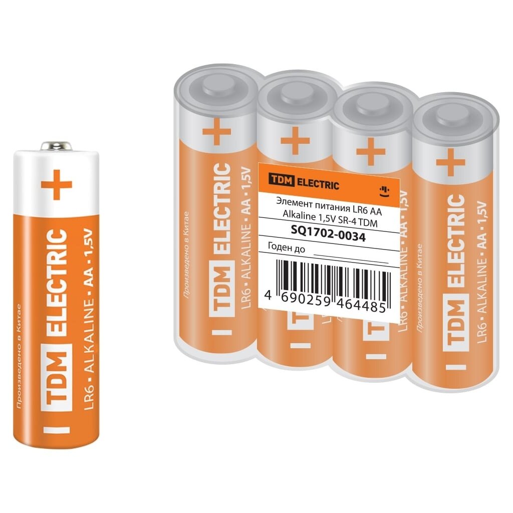 Батарейка TDM Electric, АА (LR6, 15A), Alkaline, щелочная, 1.5 В, блистер, 4 шт, SQ1702-0034