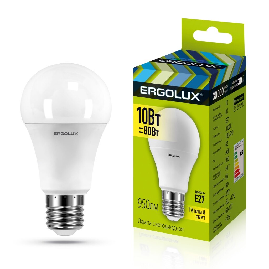Лампа светодиодная E27, 10 Вт, 80 Вт, 220 В, груша, 3000 К, свет теплый белый, Ergolux лампа светодиодная