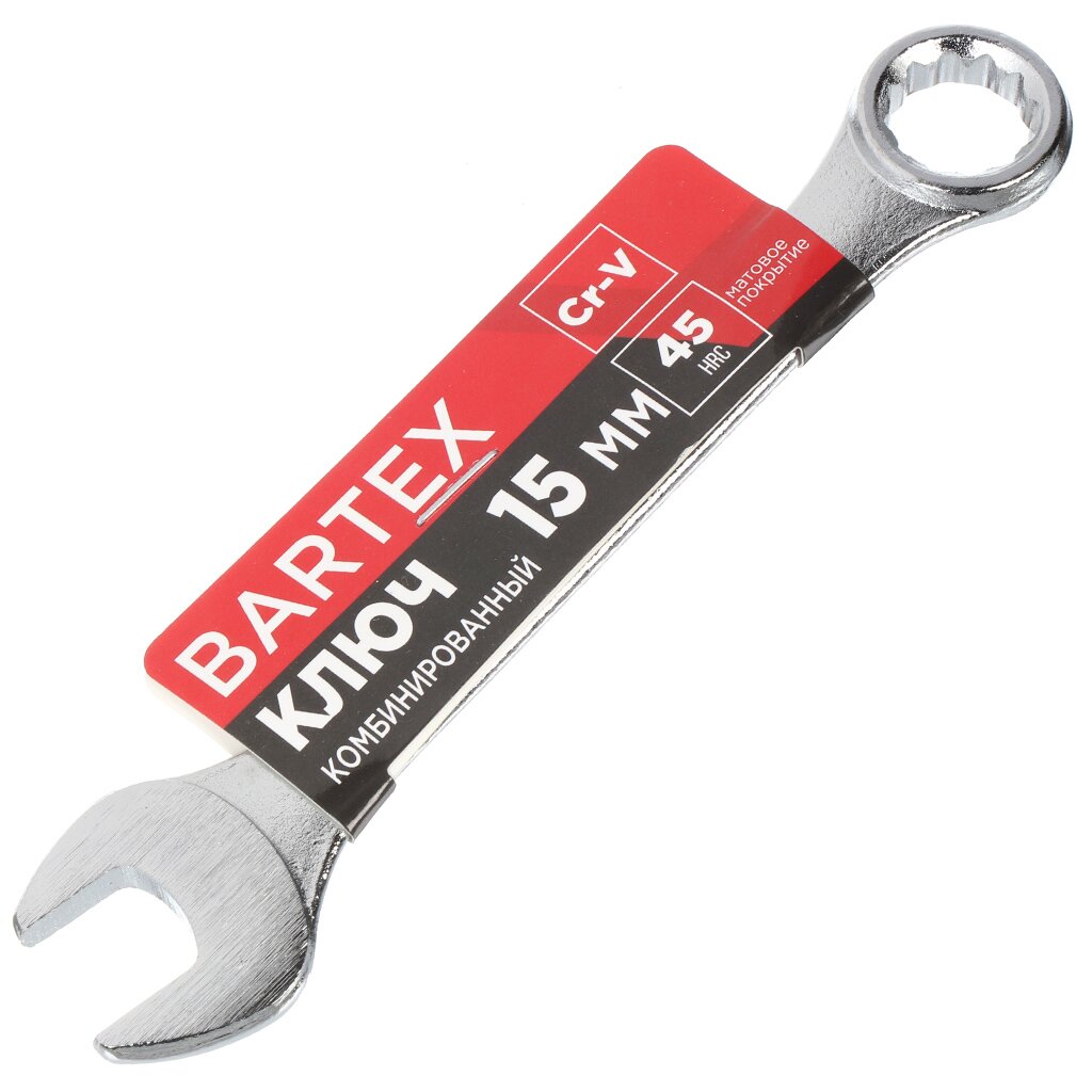 Ключ комбинированный, Bartex, 15 мм, CrV сталь, Эко ключ крестообразный гаечный bartex 170х190х210 мм сталь усиленный