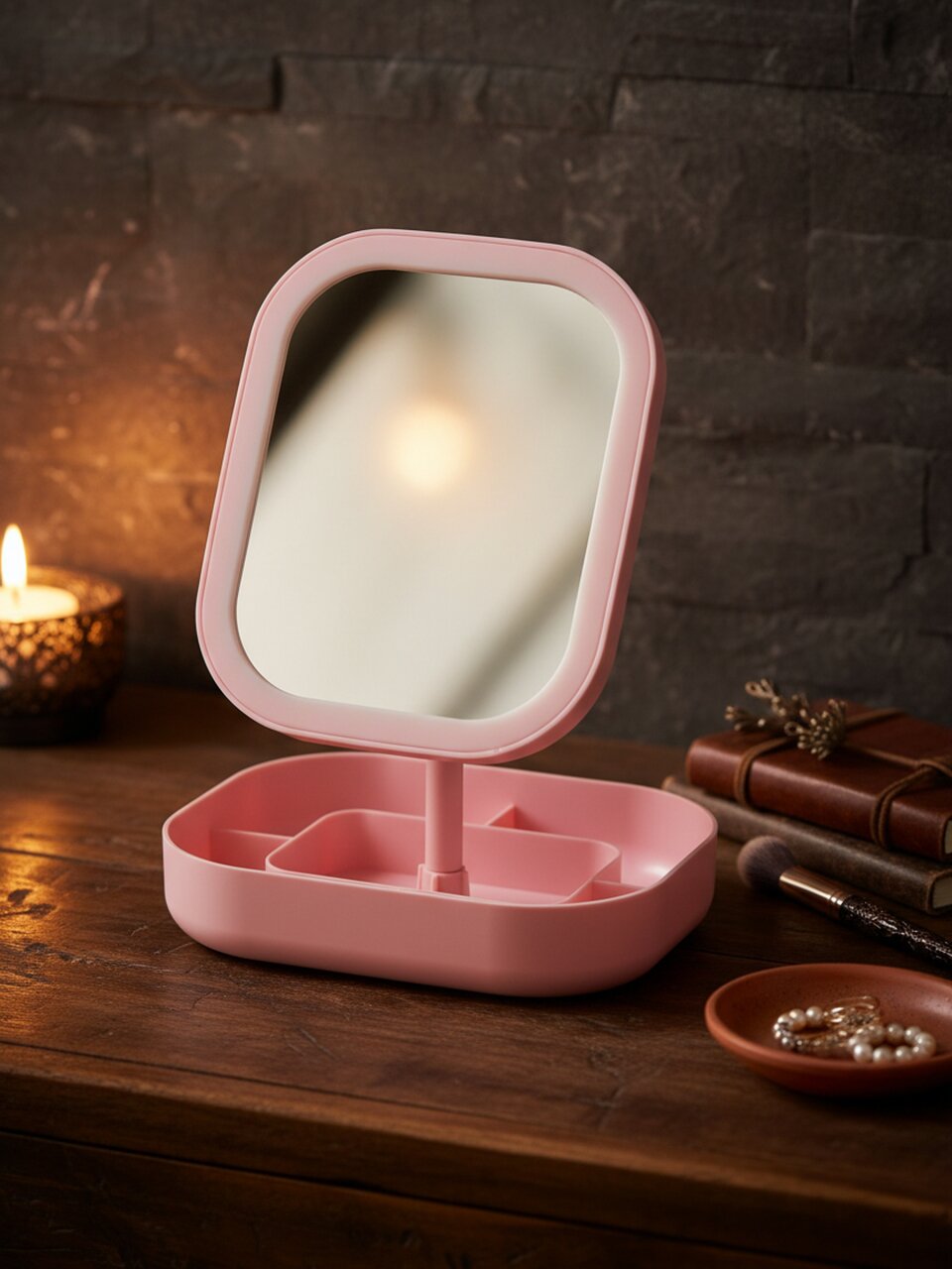 Зеркало настольное, 26.5х19.5х14.4 см, прямоугольное, с подставкой, розовое, Y4-11529