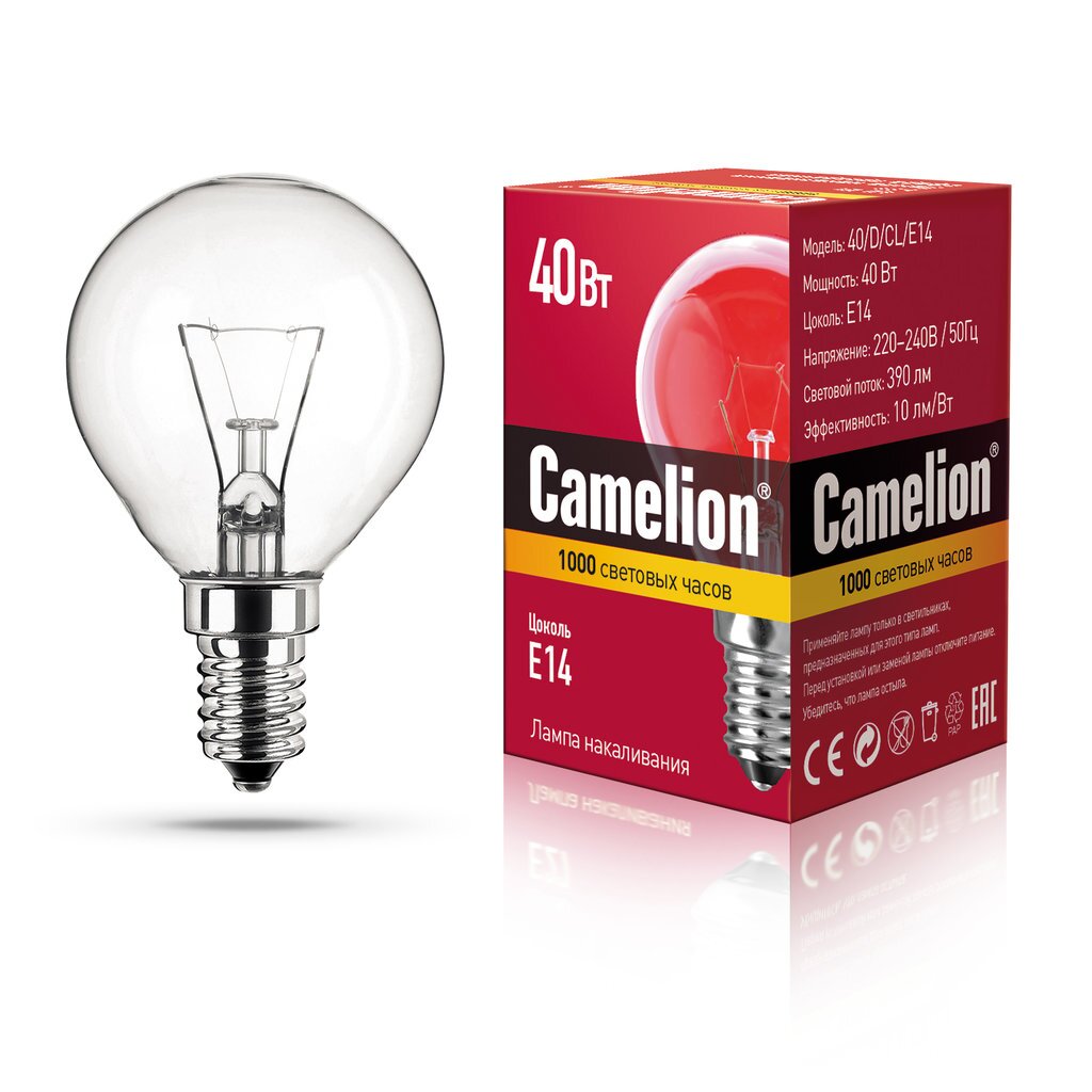 Лампа накаливания с прозрачной колбой, сфера MIC Camelion 40/D/CL/E14