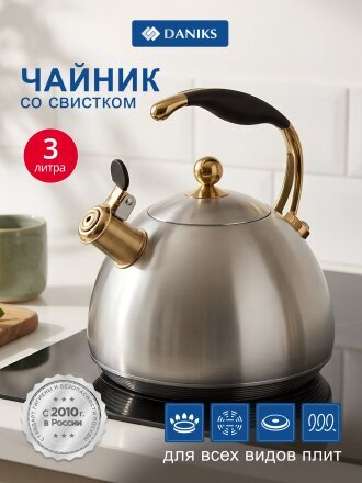 Чайник нержавеющая сталь, 3 л, со свистком, матовый, Daniks, Carezza, индукция, WT-T1054-B