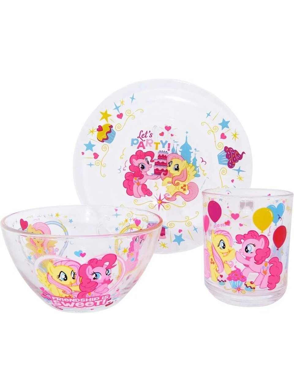 Набор детской посуды стекло, 3 шт, My Little Pony, кружка 250 мл, салатник 13 см, тарелка 19,5 см, MLPS3G-1