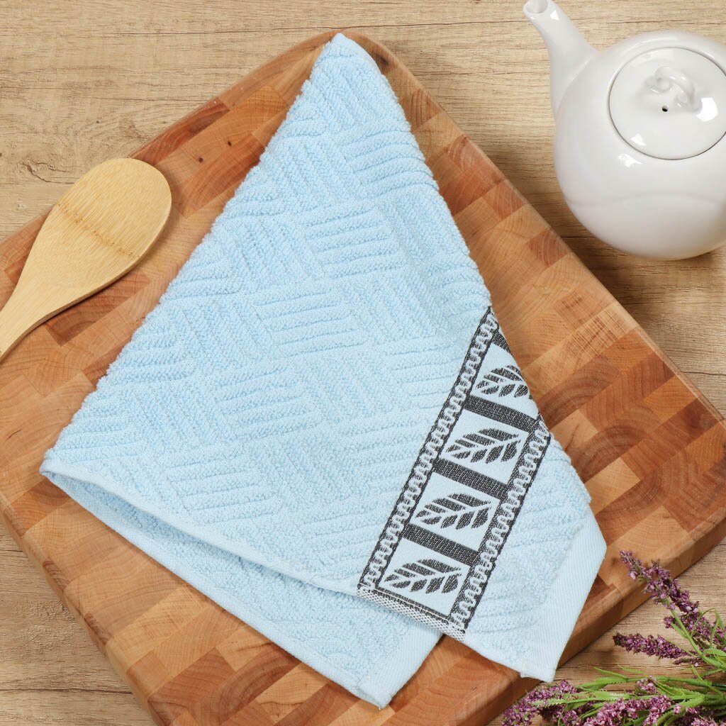 Полотенце кухонное махровое, 30х50 см, 450 г/м2, 100% хлопок, Barkas, Листопад, голубое, Узбекистан