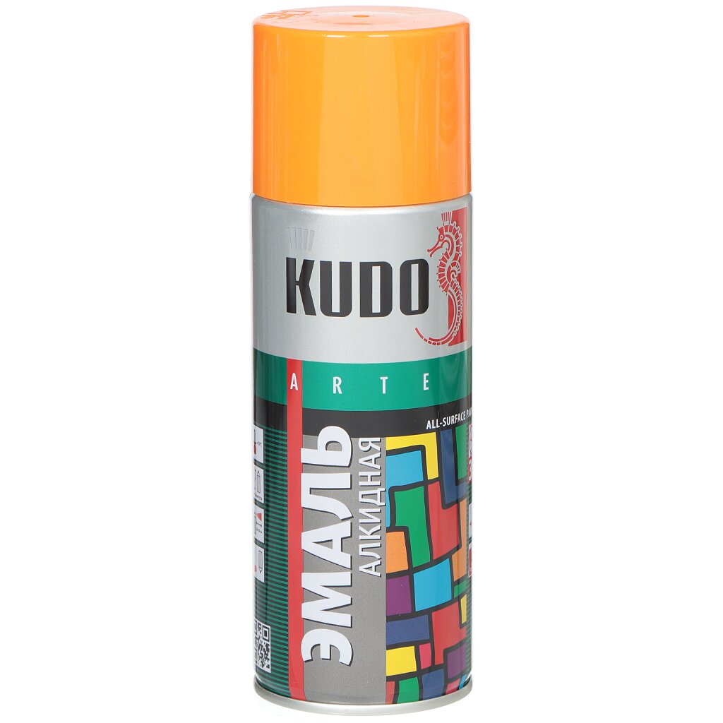 Эмаль аэрозольная, KUDO, универсальная, алкидная, глянцевая, оранжевая, 520 мл, KU-1019 эмаль аэрозольная kudo универсальная алкидная глянцевая коричневая 520 мл ku 1012