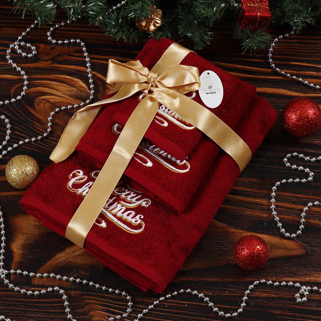 Набор полотенец 3 шт, 30х50 см, 50х90 см, 70х130 см, 100% хлопок, Silvano, Счастливого Рождества!, красный, Турция
