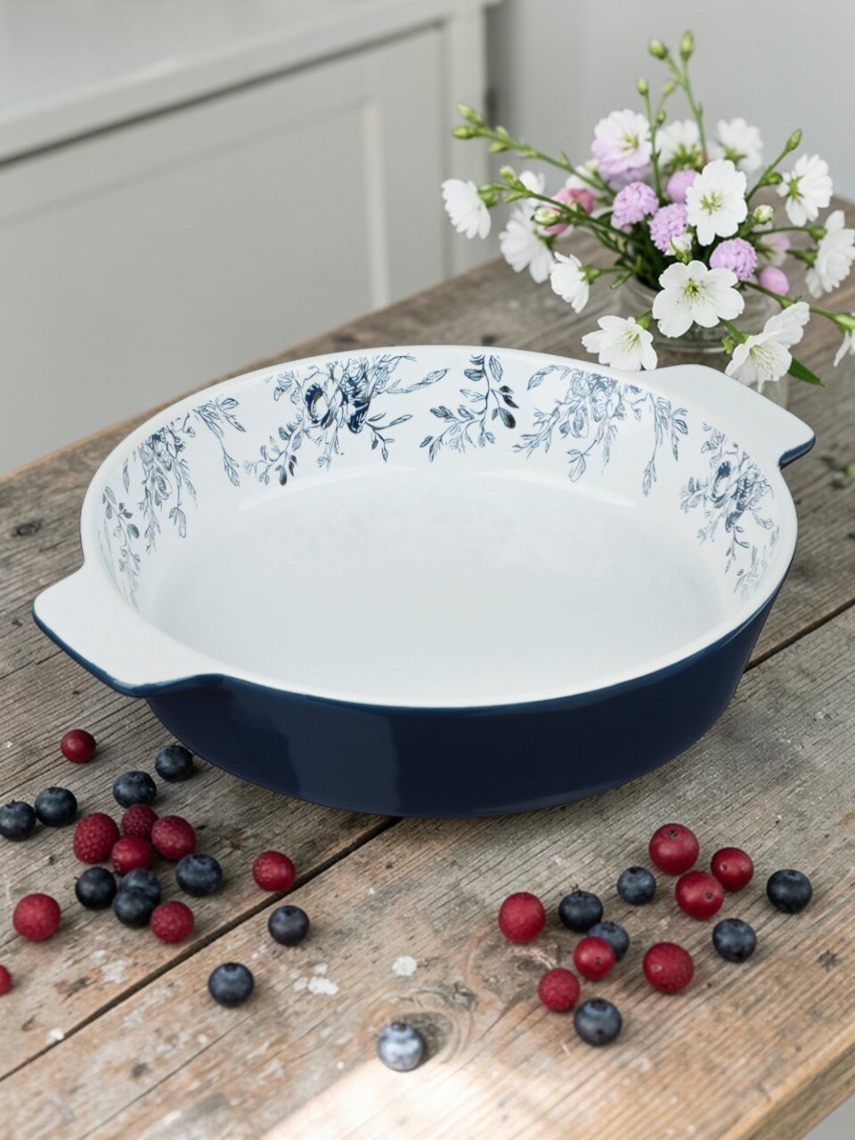 Форма для запекания керамика, 21.5х25.5х5 см, круглая, Millimi, Цветы, 826-008