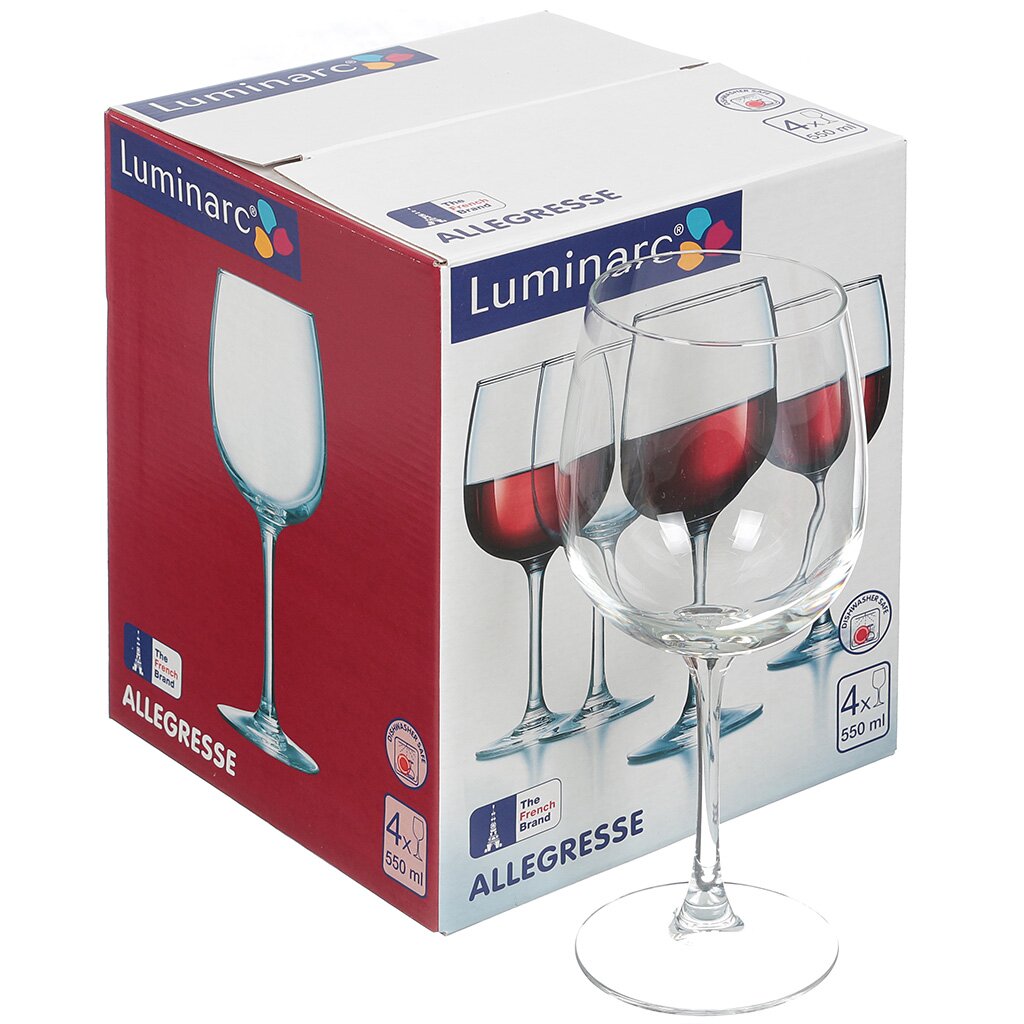 Бокал для вина, 550 мл, стекло, 4 шт, Luminarc, Allegresse, L1403 столик поднос для вина с менажницей и складными ножками adelica на 4 персоны d 35×2 8 см береза