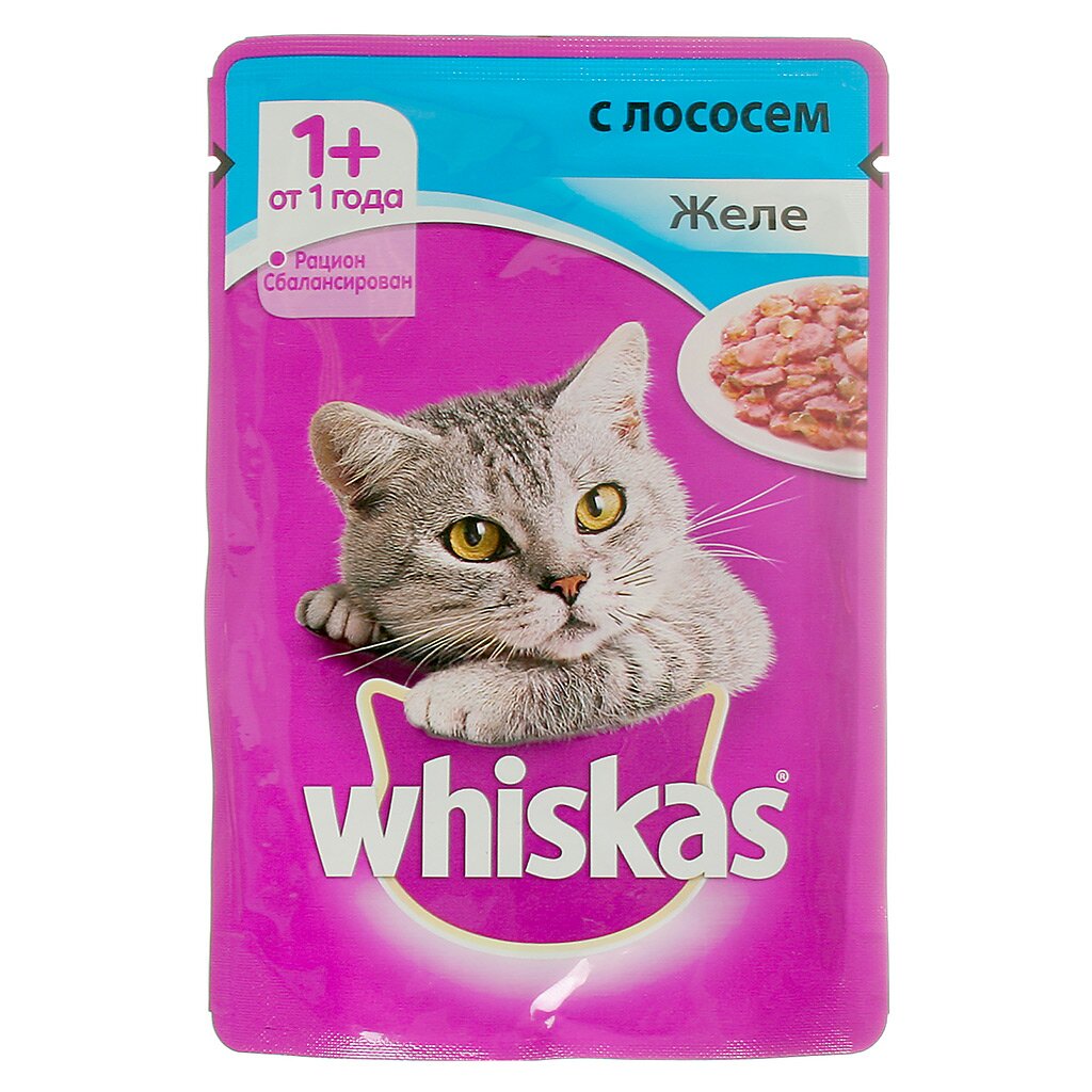 Корм для животных Whiskas, 85 г, для взрослых кошек, кусочки в желе, лосось, пауч, 10137268
