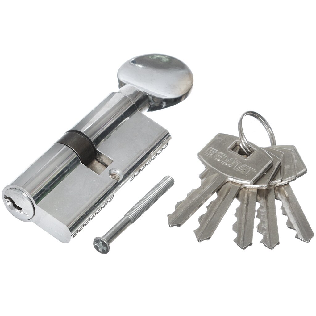 Личинка замка двери Булат, МЦ ZG, 09782, 70 мм, ключ-вертушка, с заверткой, никель, 5 ключей, английский
