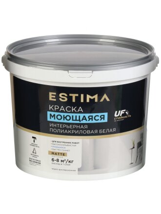 Краска водно-дисперсионная, Estima, полиакриловая, интерьерная, моющаяся, матовая, белая, 13 кг