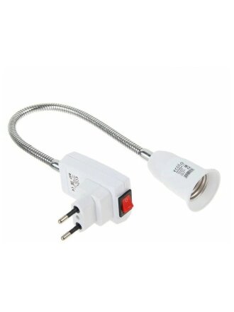 Переходник E27, гибкий, с выключателем, вилка-патрон, 300мм, белый, Ecola, Base, APF7SWEAY