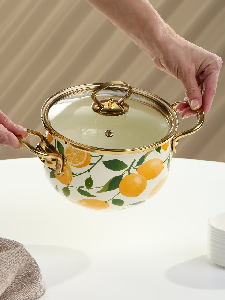 Кастрюля эмалированная сталь, 2 л, крышка стекло, Daniks, Лимоны, индукция