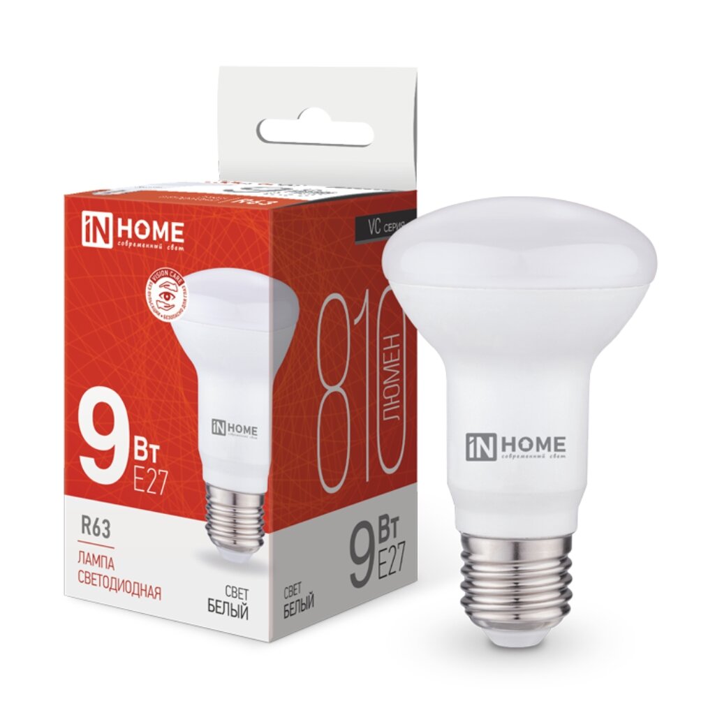Лампа светодиодная E27, 9 Вт, 90 Вт, 230 В, рефлектор, 4000 К, свет белый, In Home, LED-R63-VC
