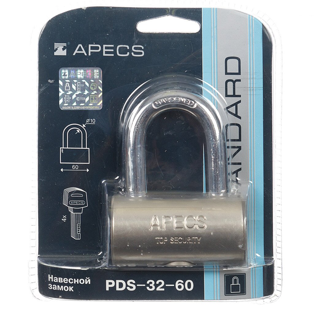 Замок навесной Apecs, PDS-32-60, 12685, блистер, дисковый, 4 ключа замок навесной apecs pd 16 90 блистер дисковый 3 ключа