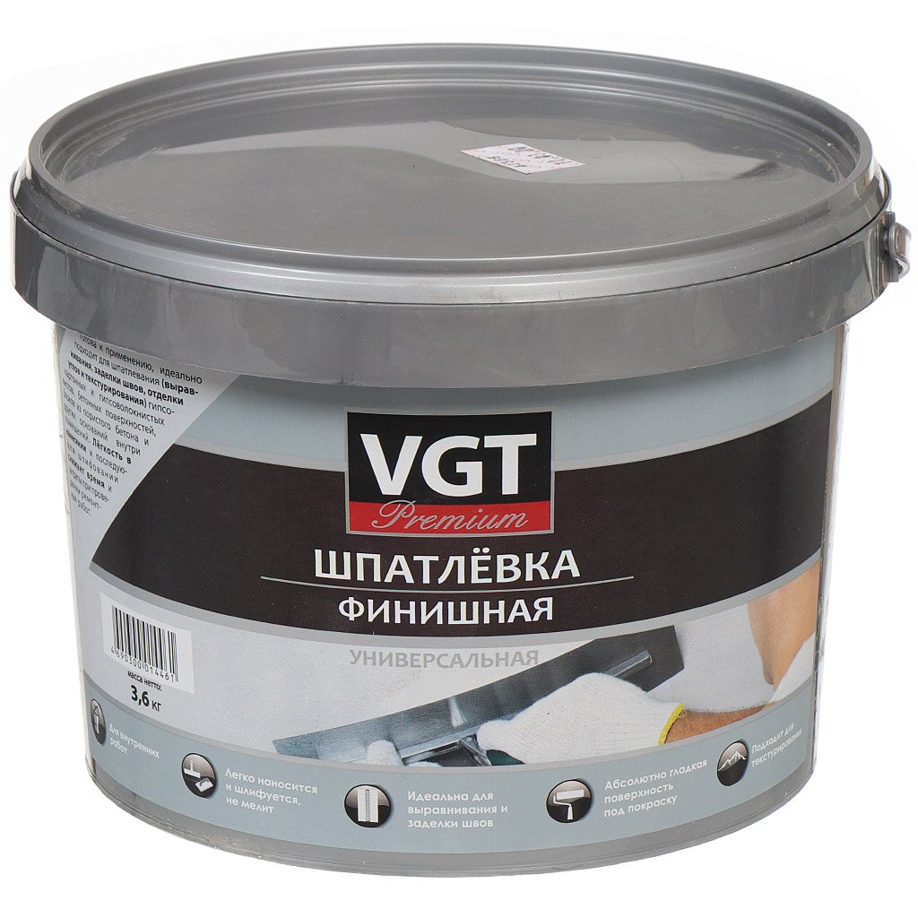 Шпатлевка VGT, Premium, акриловая, финишная, 3.6 кг шпатлевка финишная vgt premium 3 6 кг