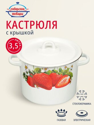 Кастрюля эмалированная сталь, 3.5 л, крышка сталь, цилиндрическая, Сибирские товары, Клубника садовая, С1612*59