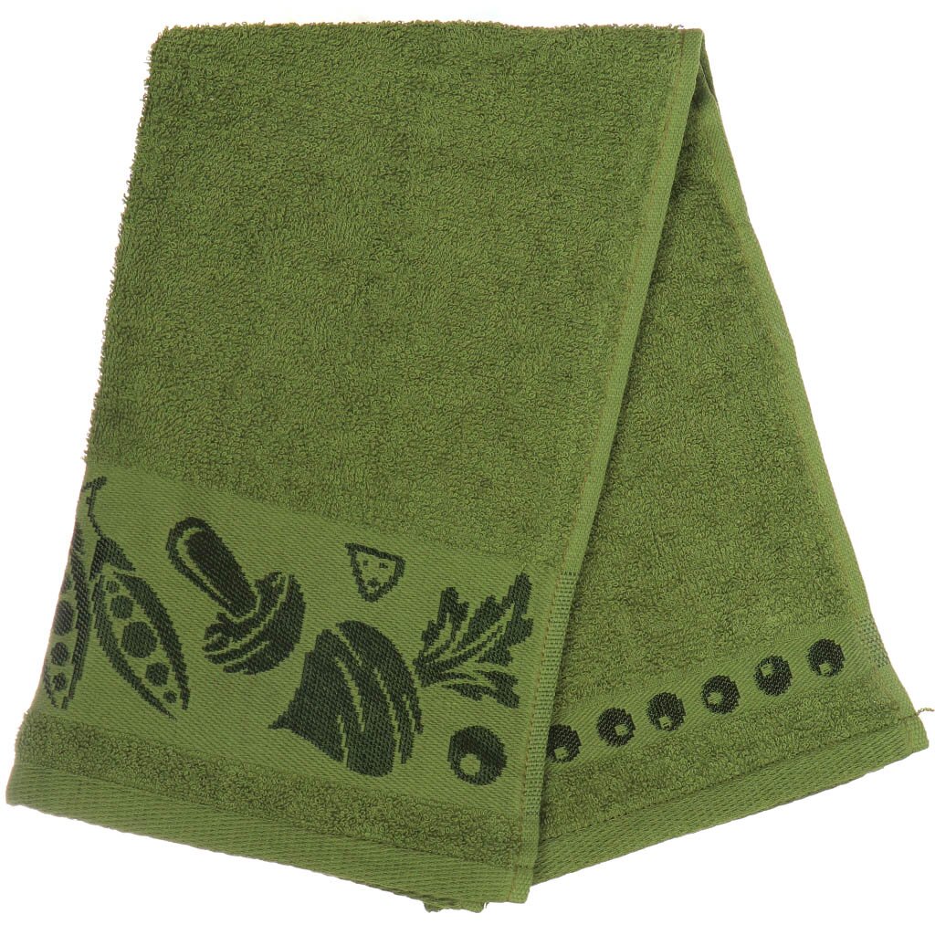 Полотенце кухонное махровое, 35х60 см, Вышневолоцкий текстиль Жаккардовый бордюр Горох грязно-зеленое