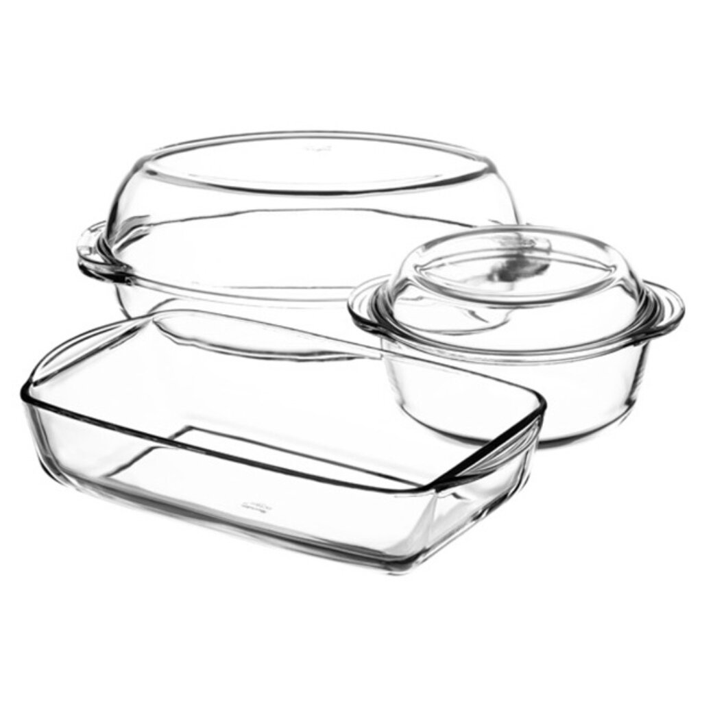 Набор посуды жаропрочной стекло, 3 шт, 18х7.5, 33.5х19, 33.5х19 см, 1.5, 1.7 л, с крышкой, Borcam, 159053