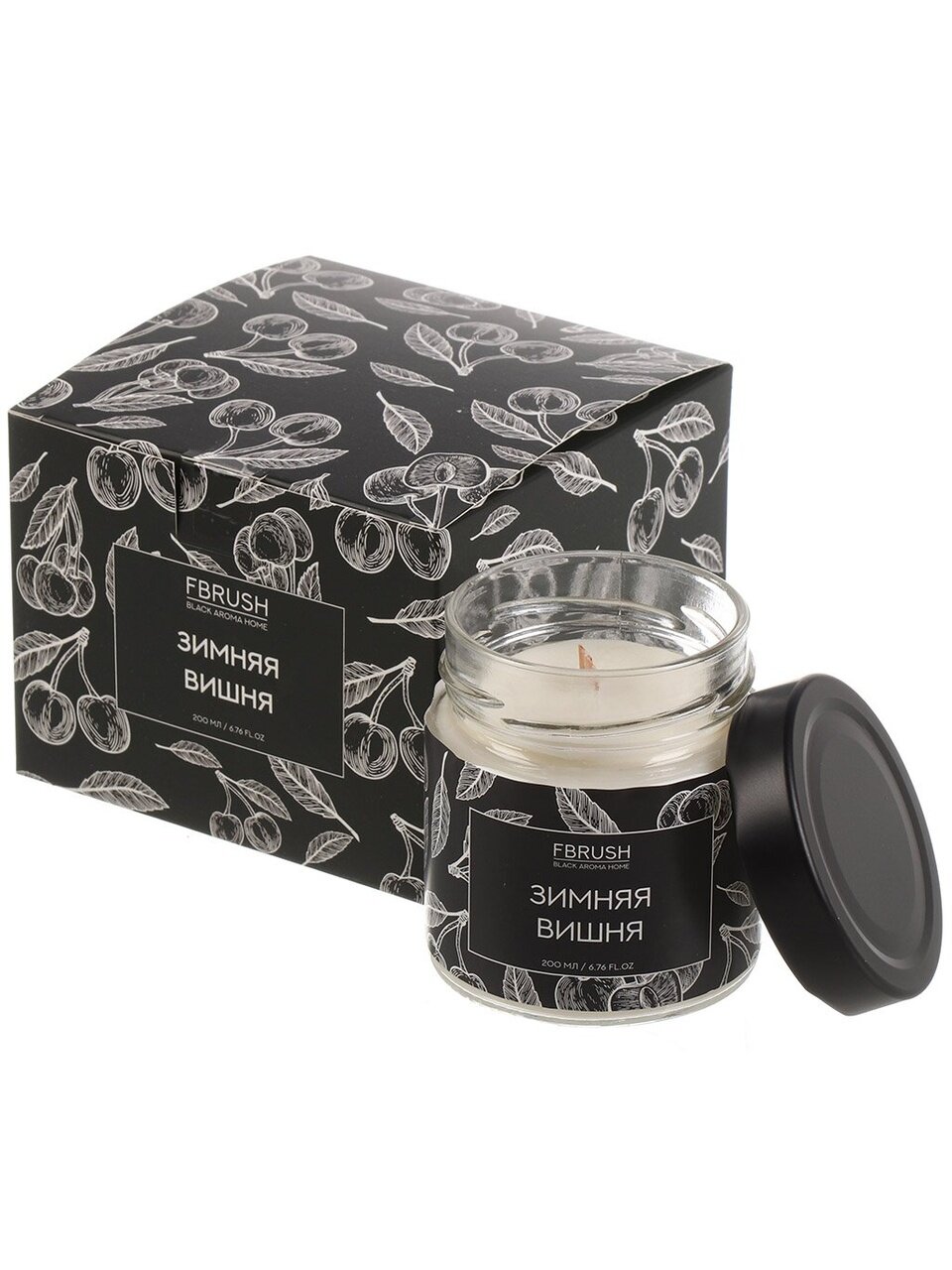 Свеча ароматизированная, 7.5х7 см, в стакане, Fbrush, Зимняя вишня, соевая, Black Aroma Home, 200 мл, SSB200-10