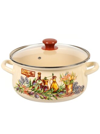 Кастрюля эмалированная сталь, 4 л, крышка стекло, с декором, сферический, Керченский металлургический завод, Италика, 61904-142/4.02-У4