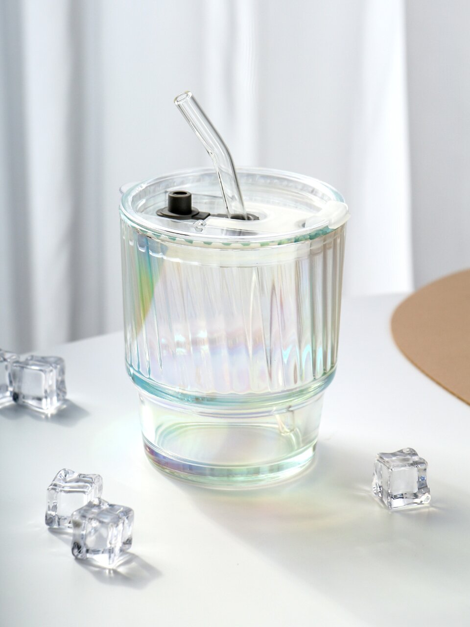 Стакан 400 мл, стекло, Перламутр, с трубочкой, B060520