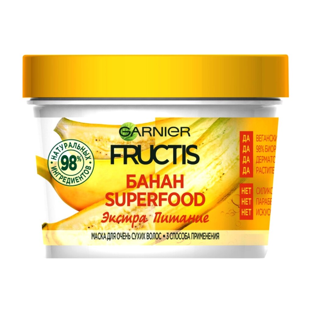 Маска для очень сухих волос, Garnier, Fructis Superfood Банан лакомство  укрепляющая, 390 мл в Ельце: цены, фото, отзывы - купить в  интернет-магазине Порядок.ру