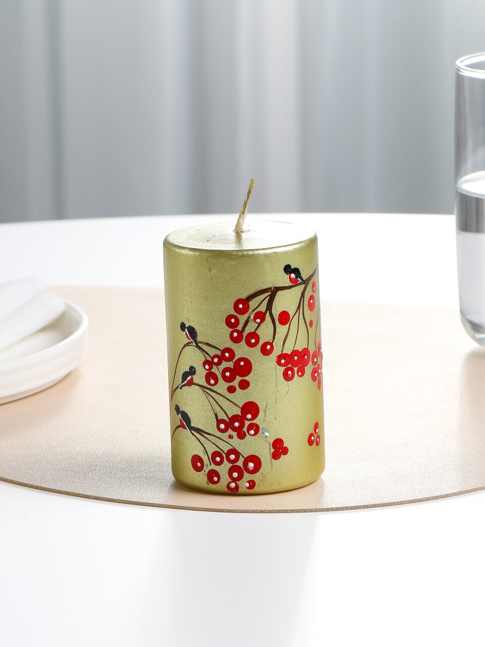 Свеча декоративная, 10х6 см, цилиндрическая, Снегири на рябине, парафин, с ручной росписью, 35 0175 8164