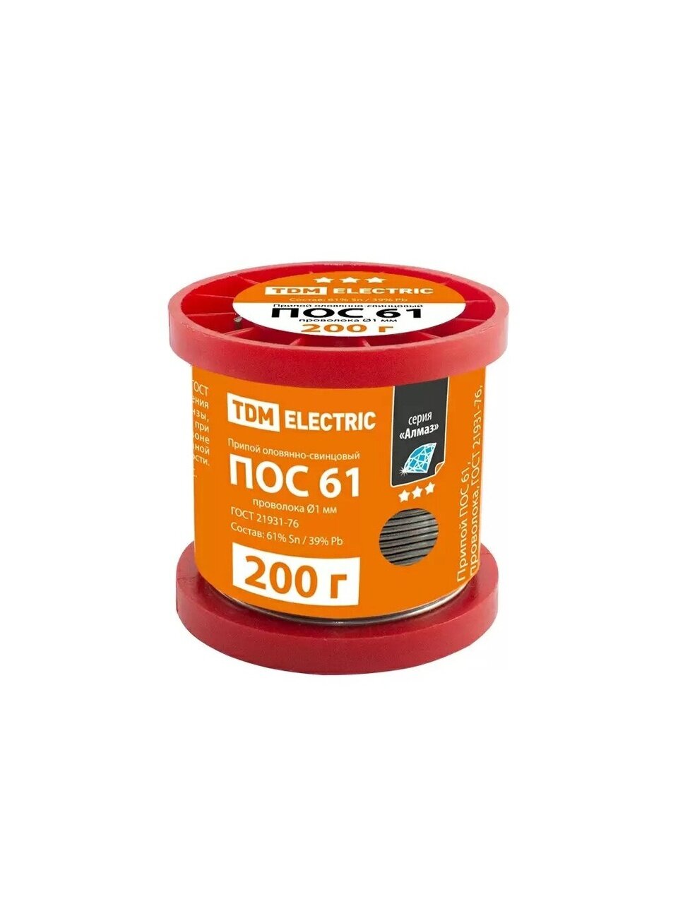 Припой POS61, проволка, TDM Electric, Алмаз, 200 г, диаметр 1 мм, катушка, ГОСТ 21931-76, SQ1025-0314/