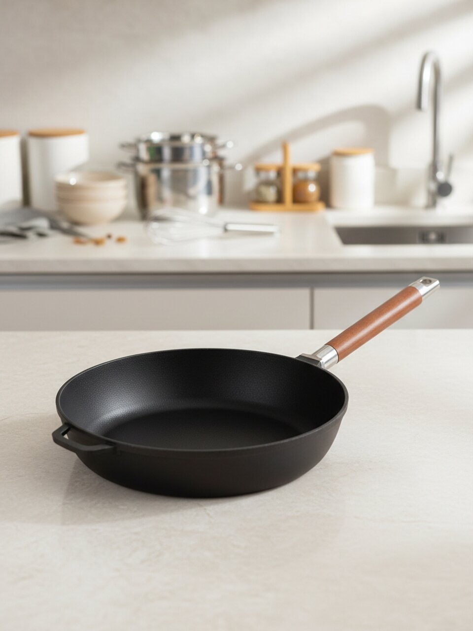 Сковорода чугун, 28 см, Гардарика, съемная ручка, с деревянной ручкой, высокий борт, индукция, 0328