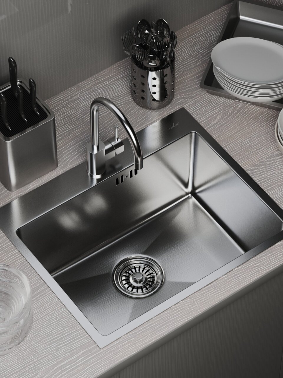 Мойка кухонная врезная, Mixline, Pro, нержавеющая сталь, 530х430х220 мм, 3 мм, выпуск 3 1/2, с сифоном, сатин