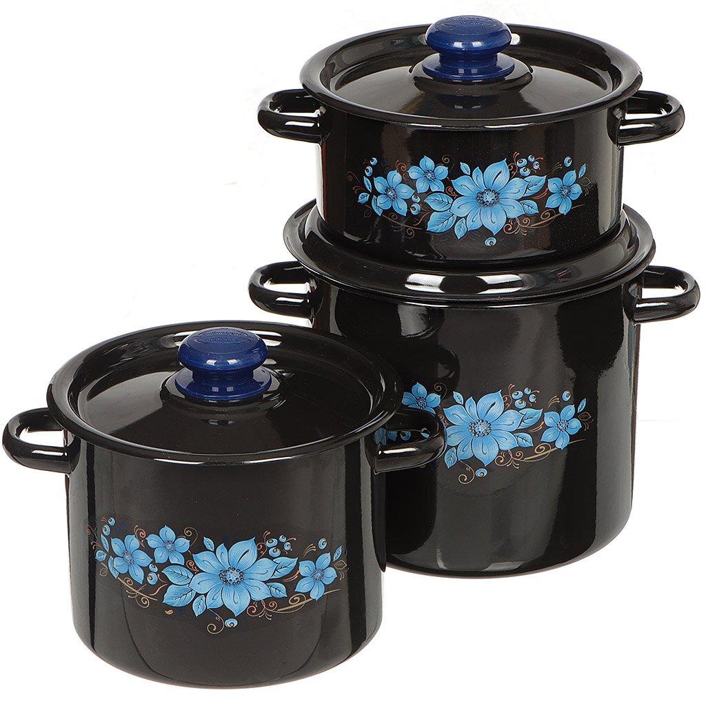 Набор посуды эмалированная сталь, 6 предметов, цилиндрические кастрюли 2,3,5.5 л, Сибирские товары, Небесный цветок 16, N16N92, черный
