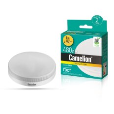Лампа светодиодная GX53, 6 Вт, 55 Вт, таблетка, 3000 К, теплый белый свет, Camelion, 13542