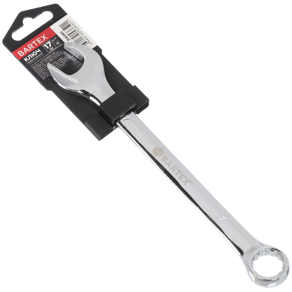Ключ комбинированный, Bartex, 17 мм, хромированный зеркальный, CrV сталь ключ комбинированный bartex 17 мм хромированный зеркальный crv сталь