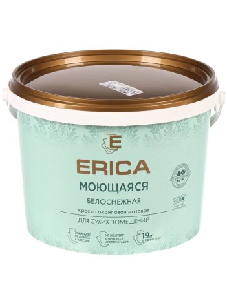 Краска водно-дисперсионная, Erica, акриловая, универсальная, моющаяся, влагостойкая, матовая, белая, 2.7 кг