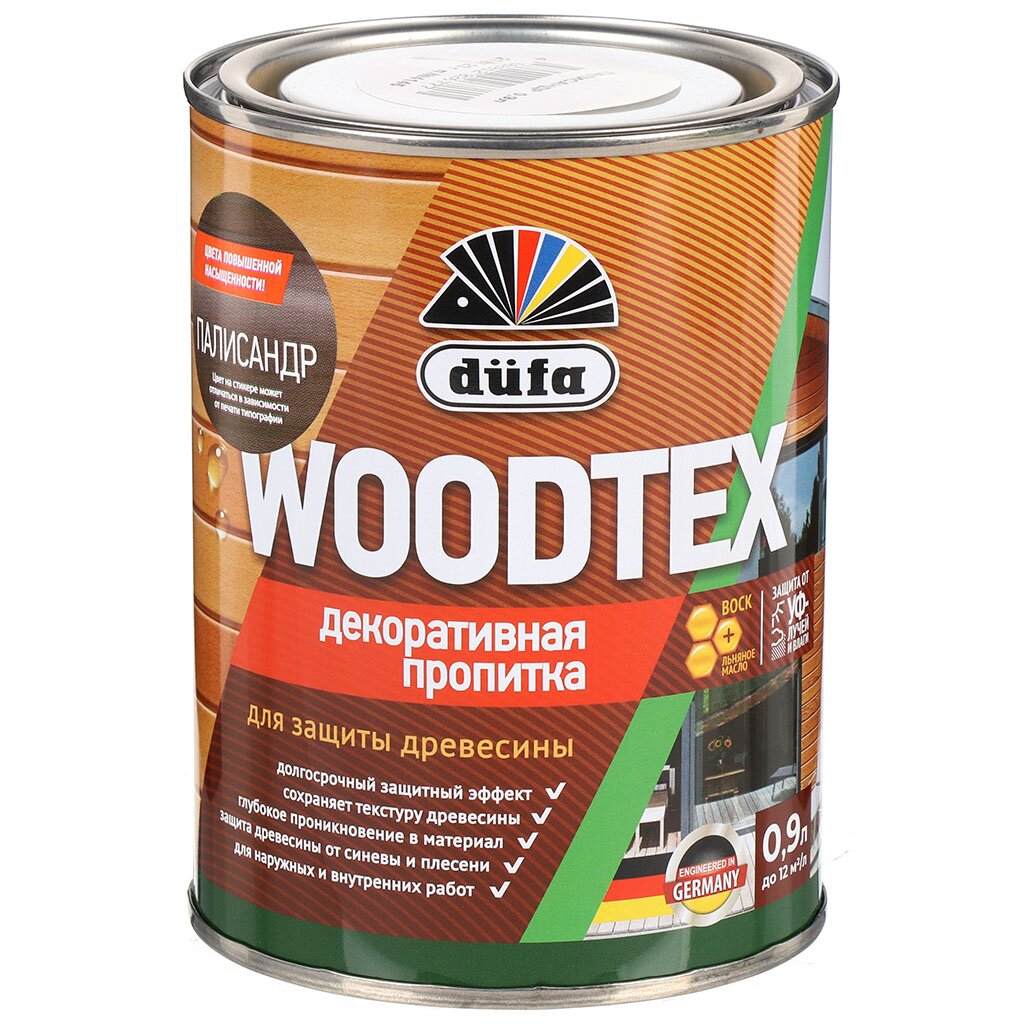 Пропитка Dufa, Woodtex, для дерева, защитная, палисандр, 0.9 л пропитка dufa woodtex для дерева защитная рябина 0 9 л
