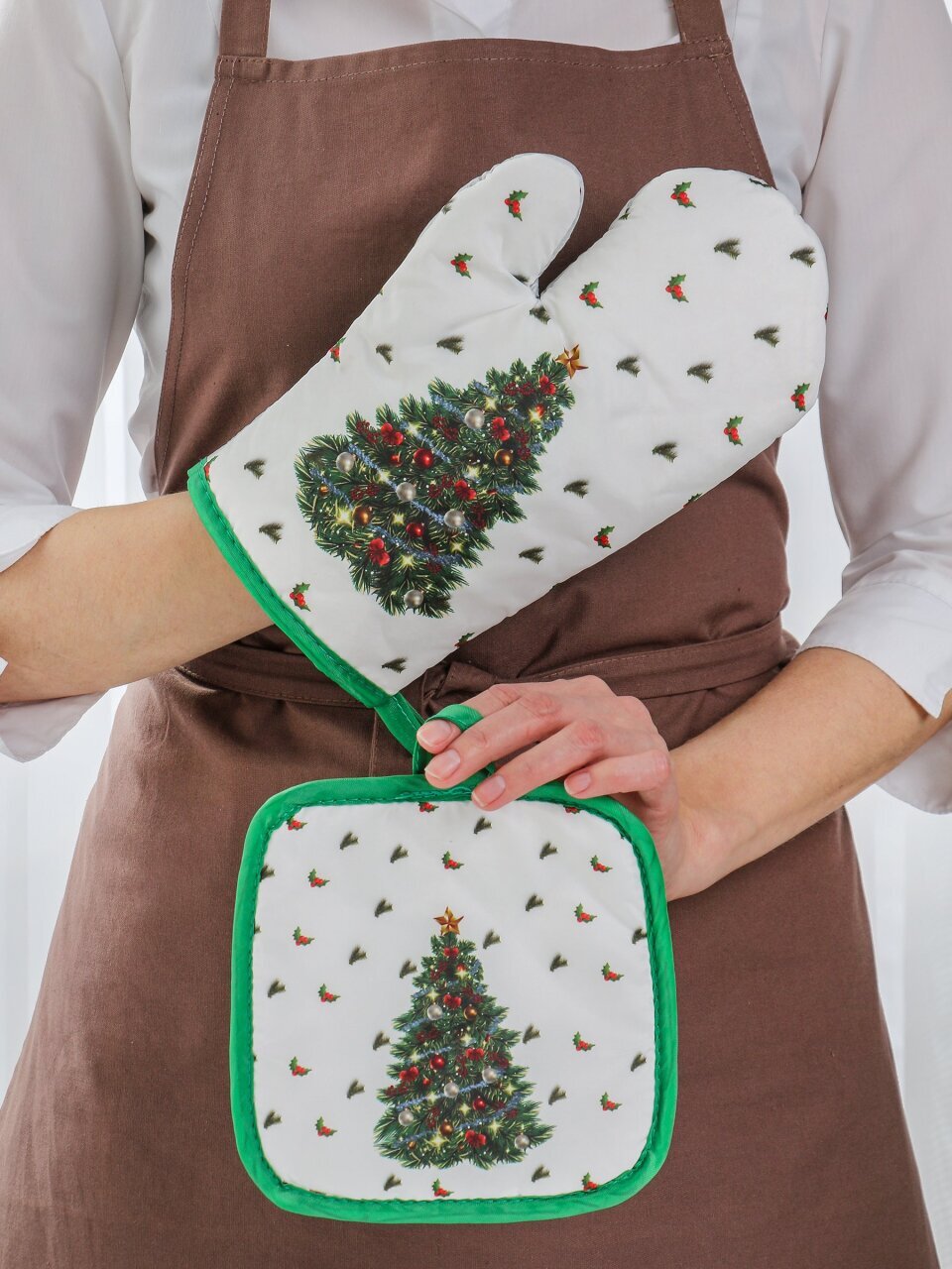 Набор кухонный 2 шт, 27х17см + 17,5х17,5 см (варежка, прихватка), 100% полиэстер, Елочка, B180091