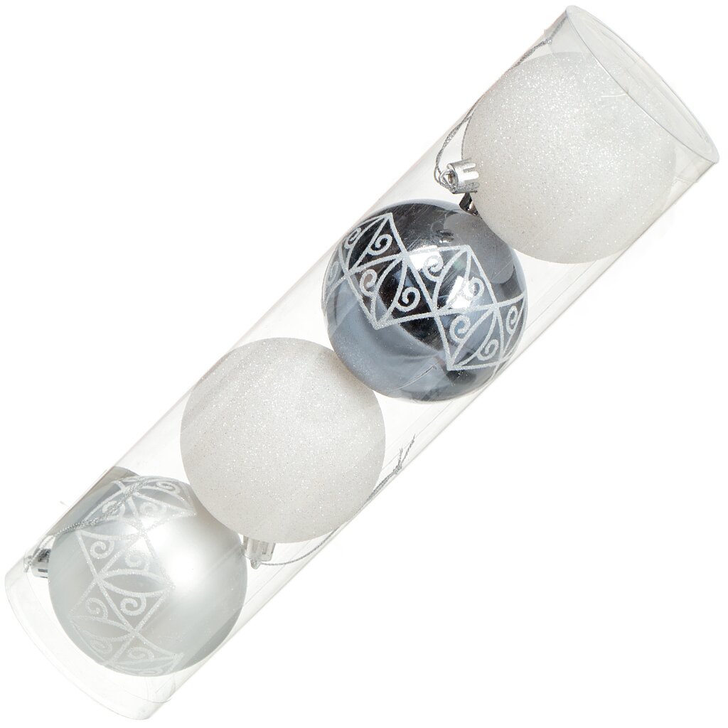 Елочный шар 4 шт, серый, белый, 7 см, пластик, SYCBF817-132