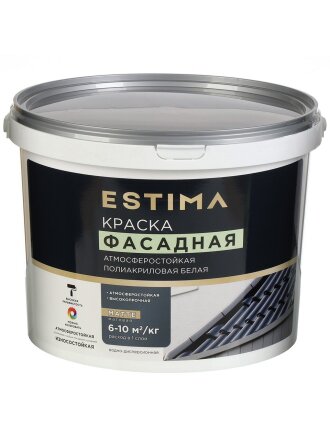 Краска водно-дисперсионная, Estima, полиакриловая, фасадная, матовая, белая, 13 кг, атмосферостойкая