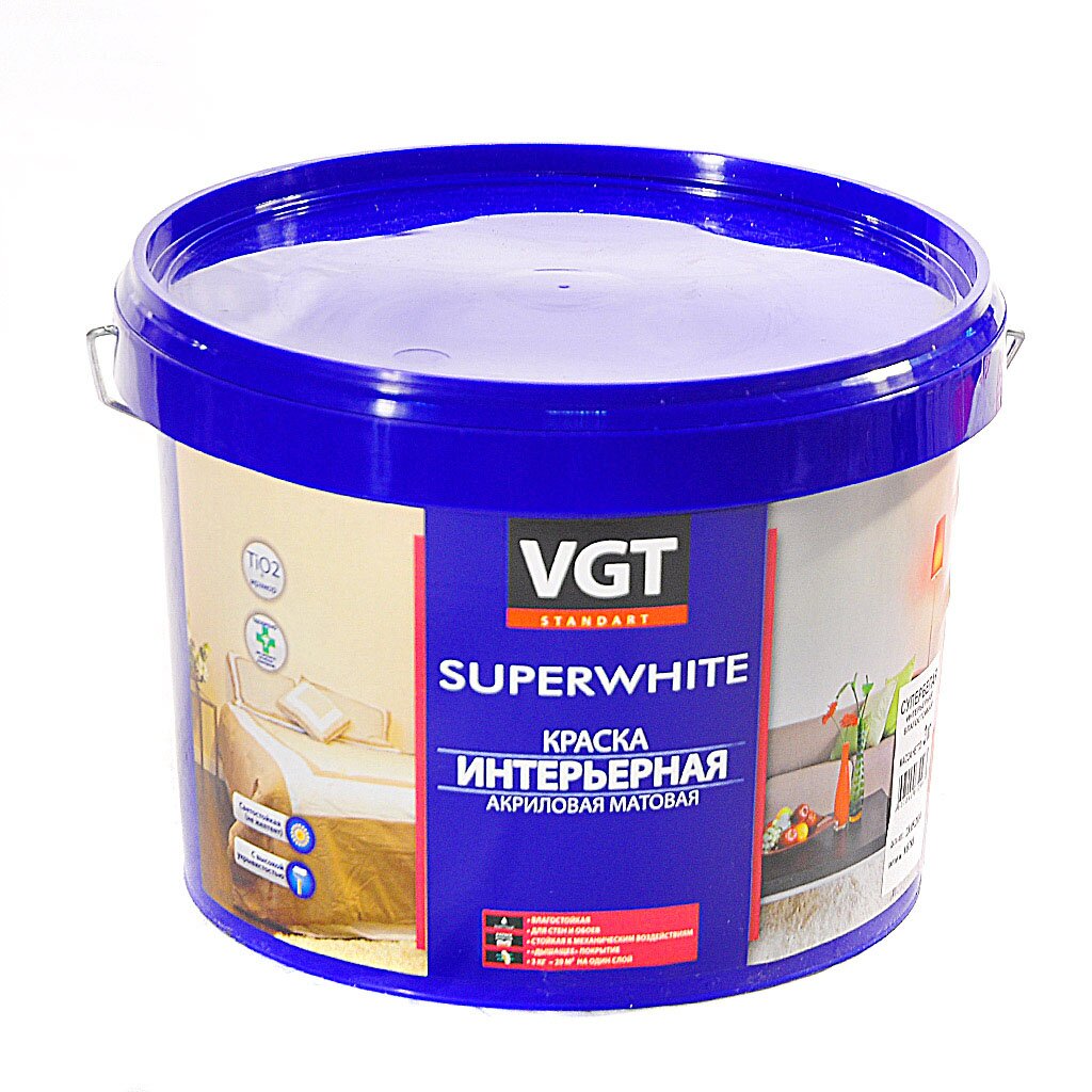 Краска воднодисперсионная, VGT, акриловая, интерьерная, влагостойкая, матовая, супербелая, 3 кг краска для стен и потолков акриловая вд ак 230м влагостойкая 0 9л